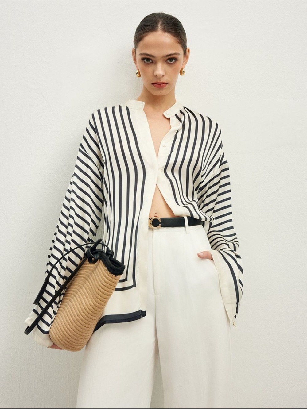 Commense Black and Cream Striped Button-Down Top